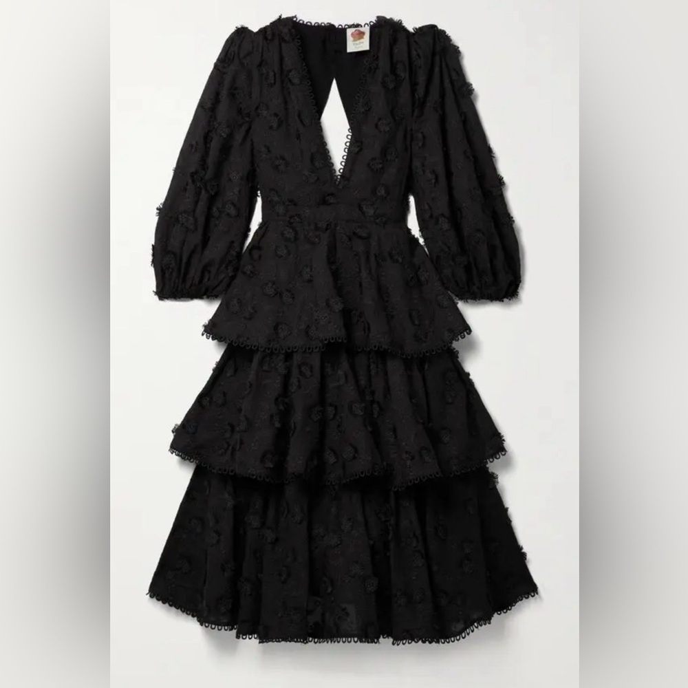 Tiered Embroidered Crepe Midi Dress